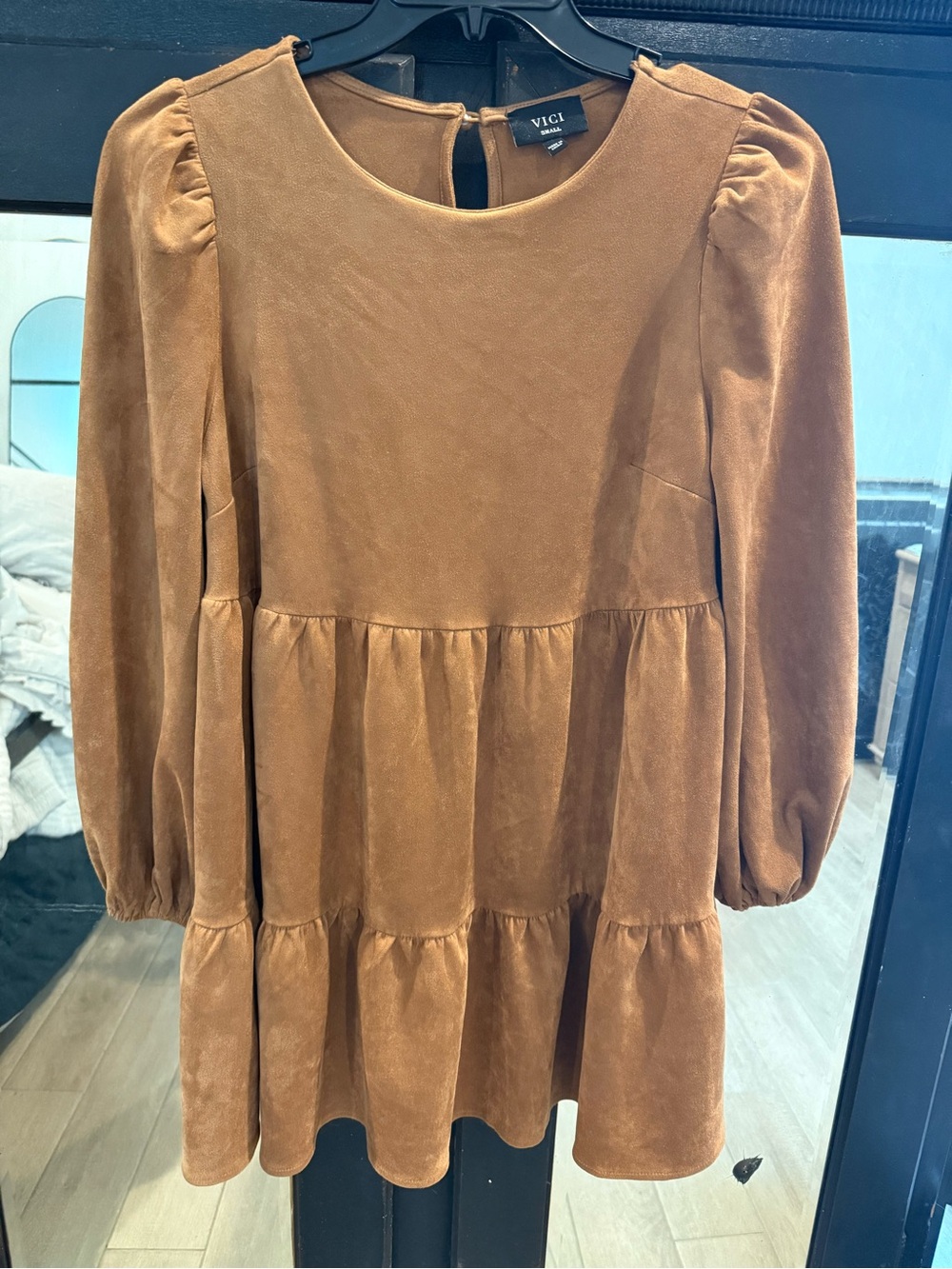 Vici Long Sleeve Tiered Faux Suede Dress Size Small Brown Babydoll Boho